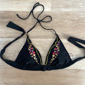 HOBIE Swim Bikini Halter Top, Black w/ Flower Details, Ruffles, EUC